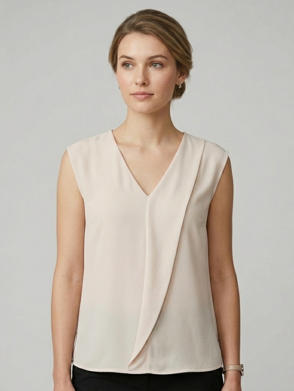 Mexx Beige V-Neck Sleeveless Top 2 Draped Front Chiffon Blouse Shell Career